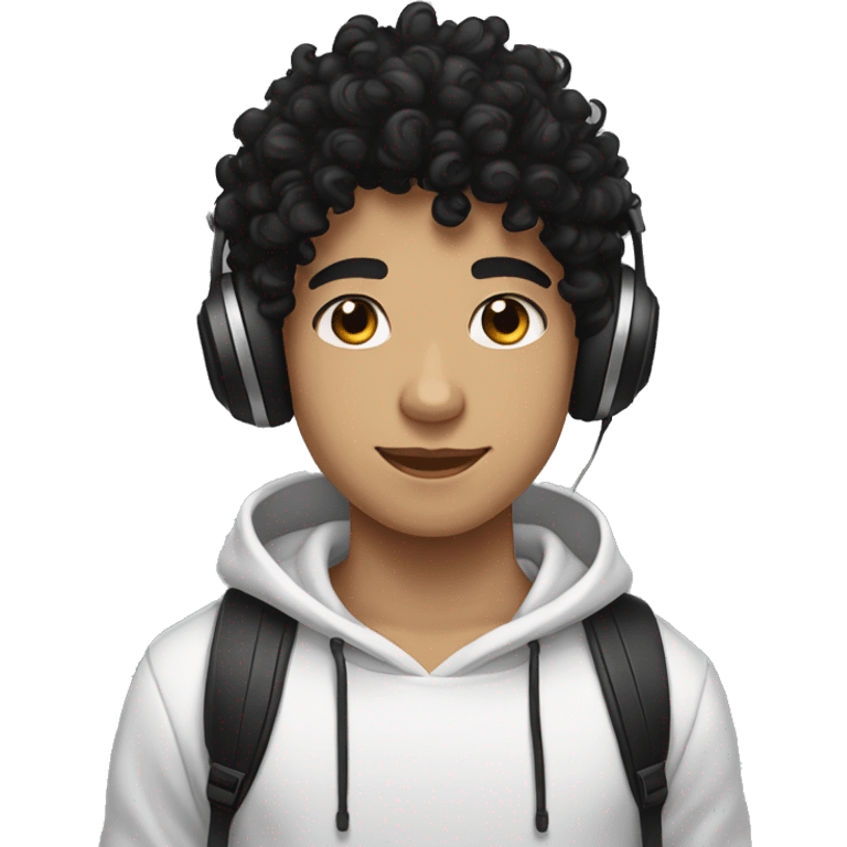 super curly black hair, white skin teen boy, black hoodie, headphones on neck  emoji