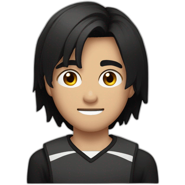 a 17-year-old boy with long, dark hair cut in a bob", with a black sports bandage on his forehead. Light mustache on his face  emoji