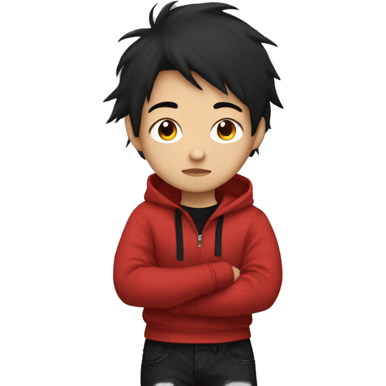 Asian boy wearing emo red hoodie and baggy black jeans with red hair very cute  emoji