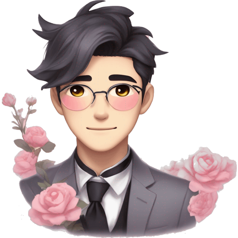 Gorgeous romantic anime style Asian formal modern gentlemanly guy with cat ears and flowers and blushing face aesthetic trending style outside with colorful gradient colors emoji