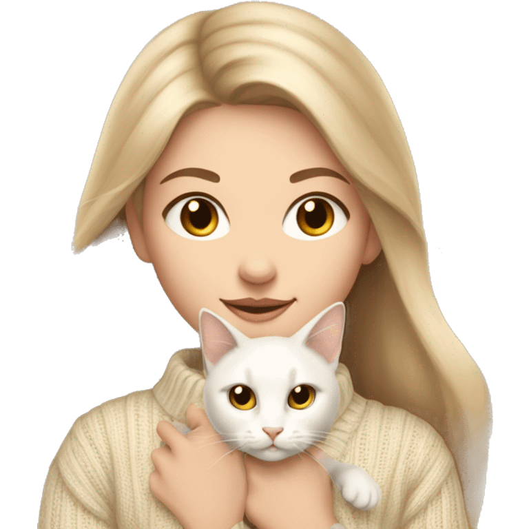 a beautiful girl with long dark blond hair, light eyes, in a beige sweater and with a beige bow holds a white cat in her hands emoji