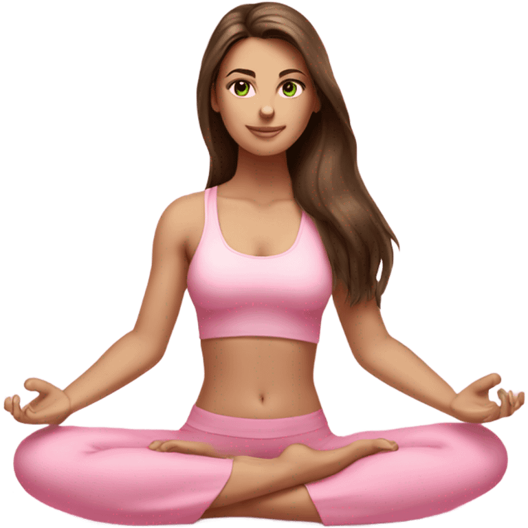 Brunette long hair and green eyes yoga beautiful girl in light pink pink pink clothes sitting on a yoga mat emoji