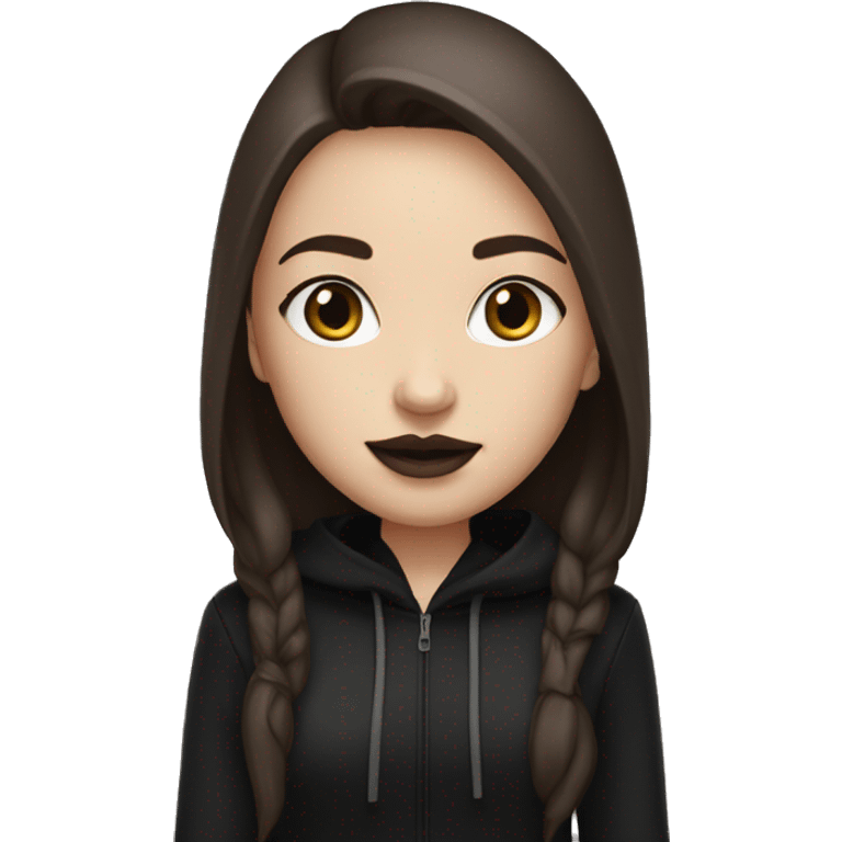 White skin Girl with middle part really long straight dark brown hair, lashes,dark brown eyes, brown lipstick, wearing black hoodie emoji