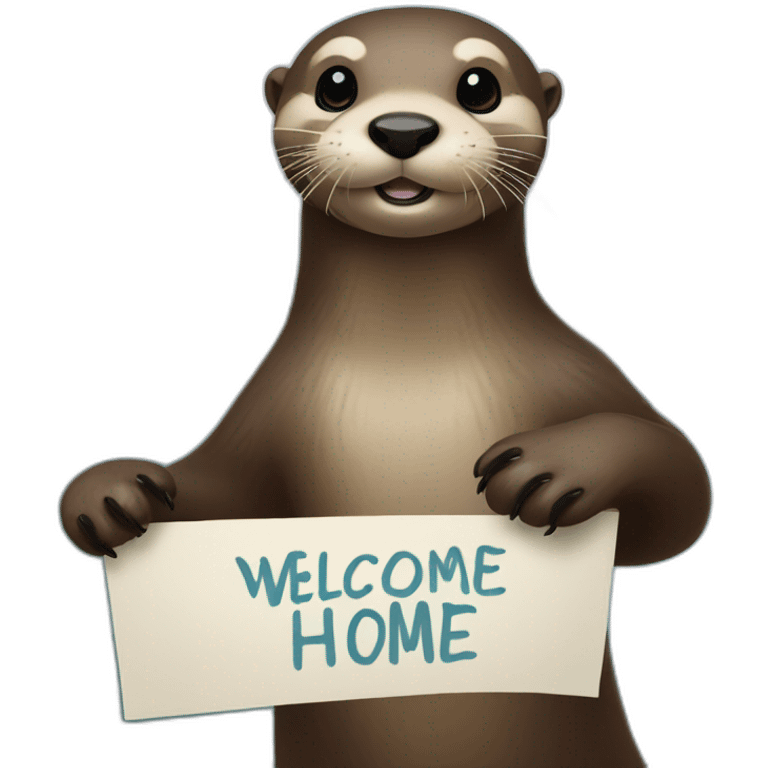 River otter holding sign that says “welcome home” emoji