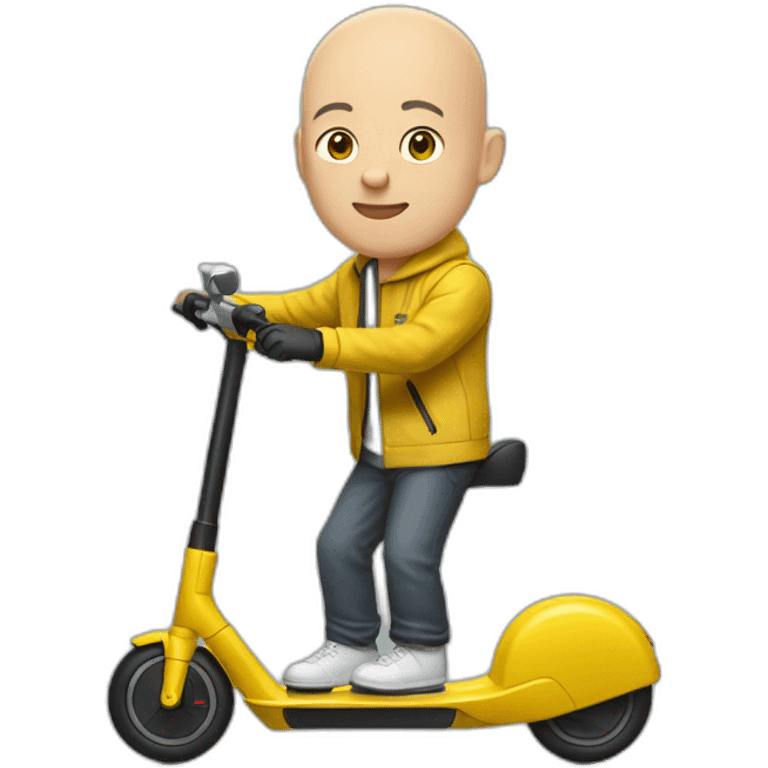 bald man with no helmet on a xiaomi e-scooter whearing a yellow jacket emoji