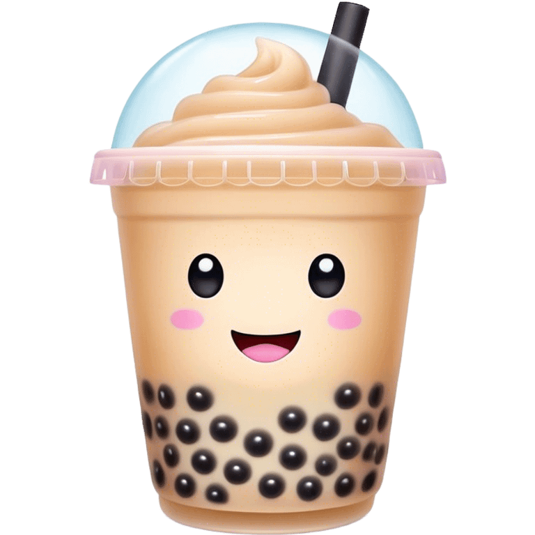 Cinematic pastel-colored bubble tea, chubby cup with a smiling face, tiny black tapioca pearls peeking out, soft glowing background, playful and adorable. emoji