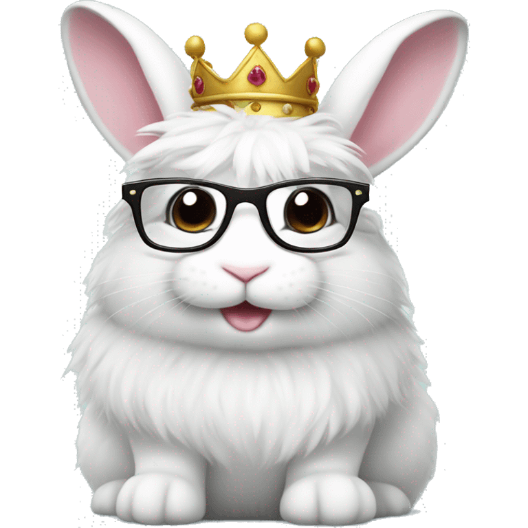 cute super fluffy white bunny with glasses wearing a crown emoji