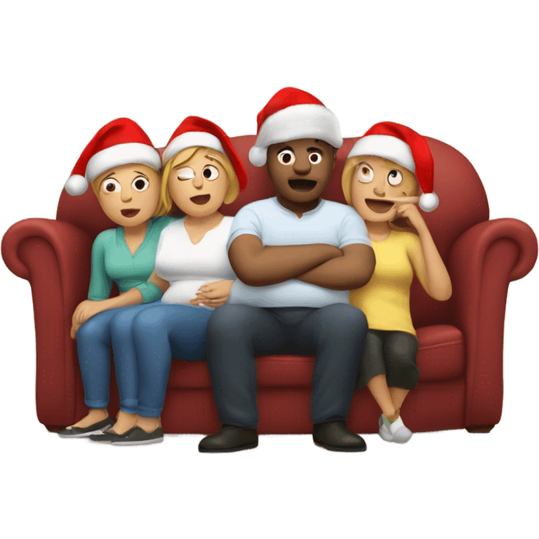 Family sitting on couch wearing Christmas hats. All with fat belly’s. Two people sleeping, one person burping. With Christmas dinner on floor.  emoji