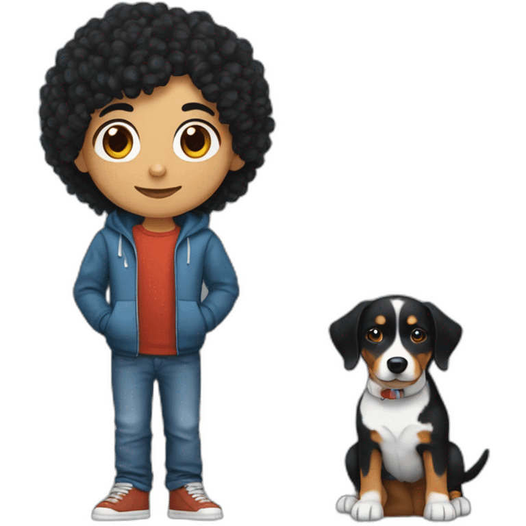 Young russian programmer with curly black hair with dog Entlebucher zennenhund emoji