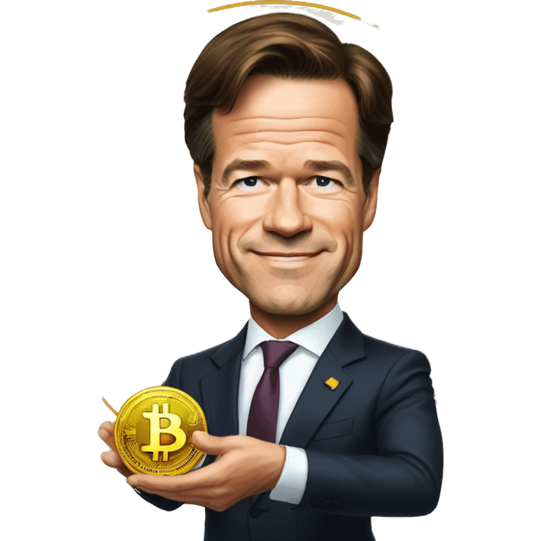 Prime minister Mark Rutte holding a bitcoin emoji