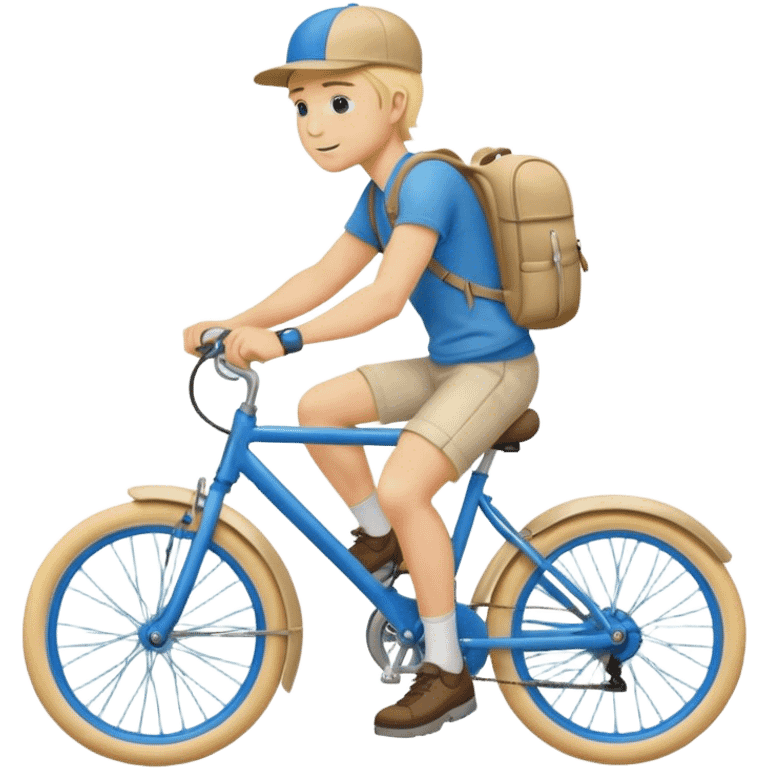 A blond guy in a cap and with a backpack on his back rides a blue bike emoji