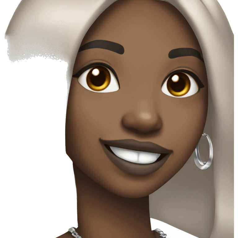 Smiling Black girl with long black straight hair and light brown lipstick with silver hoop earrings and and a silver necklace  emoji