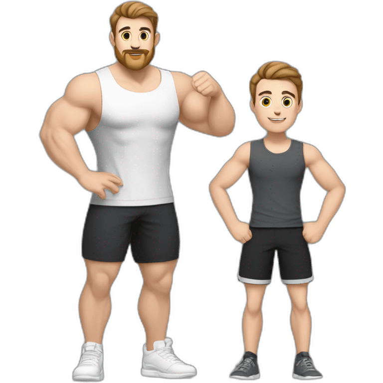 Full height Actively gesturing with hands Pale skinned Fit Man With the biceps and brown hair in dark gray Sleeveless Mike, black oversize sports shorts, watch and white Sneakers emoji