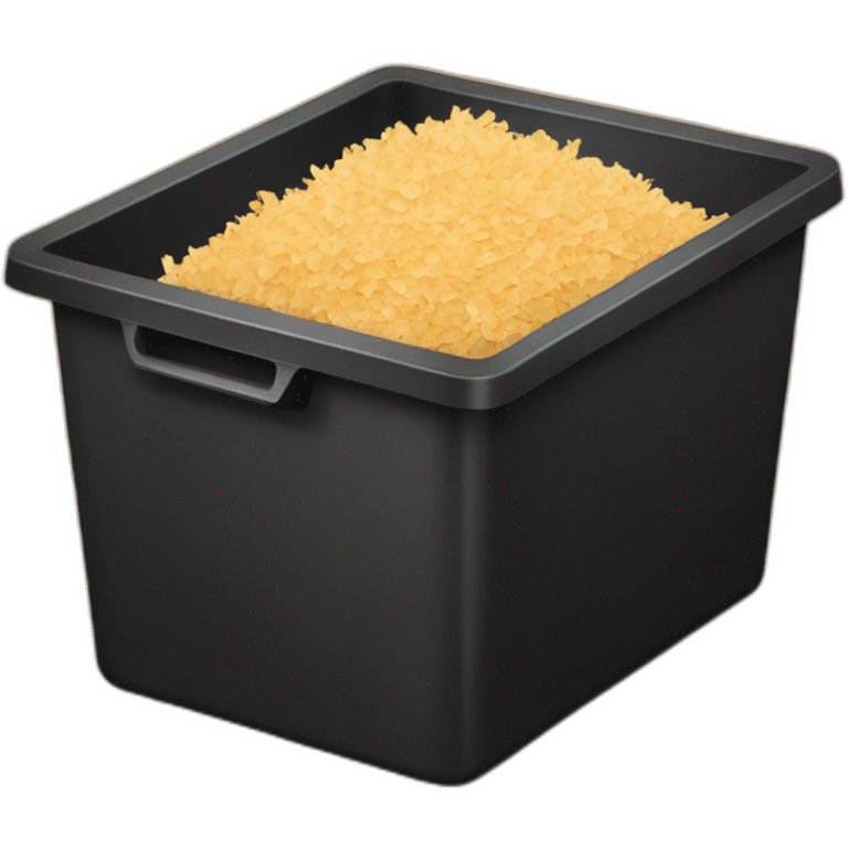 Black cubic plastic container with wood shavings inside emoji