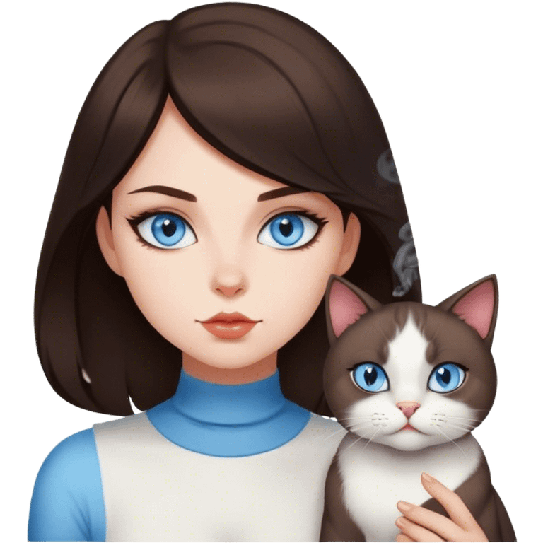 brunette blue eyed girl with smoking cat emoji