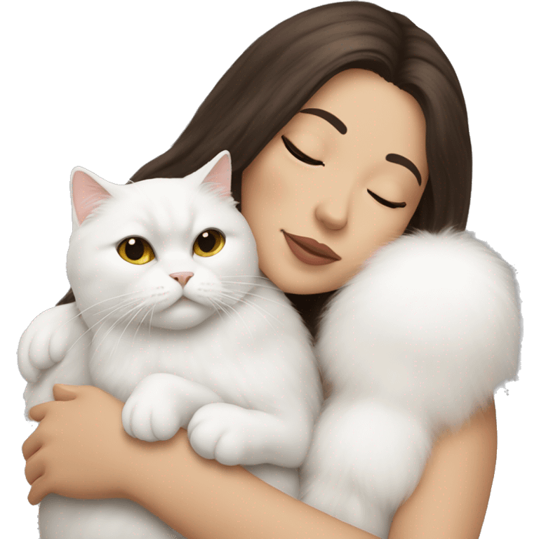 Brunette woman snuggling white Persian cat emoji