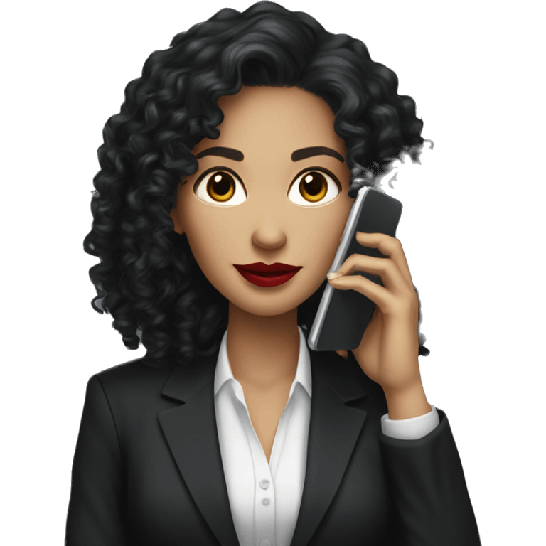 corporate white woman, red lipstick, long black curly hair, with a phone, black blazer  emoji