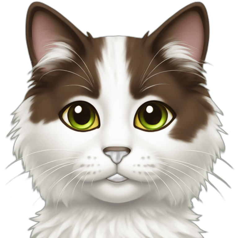 white fluffy bi-colour cat with dark brown ears and upper head, brown ears and green eyes emoji