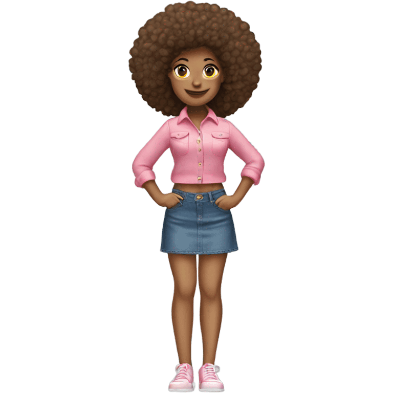 Tan girl with Afro and pink button top and jean skirt full body posing emoji