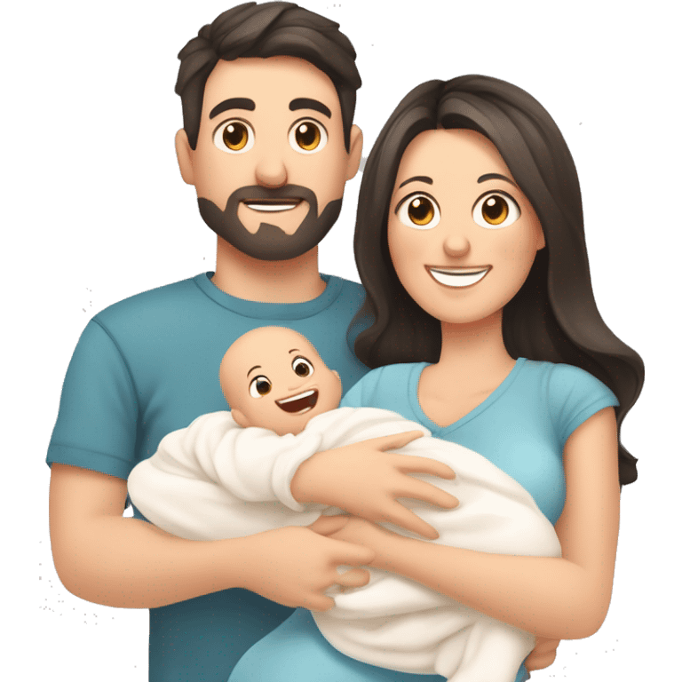 Happy white parents with dark hair with 1 newborn baby. 3 people total. Young parents and newborn son in hands. Mother, father holding infant together with love. Parenthood concept. Flat illustration isolated on white background. emoji