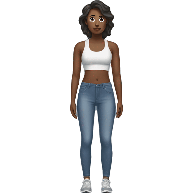 a whitwoman in a sports bra wearing jeans  emoji