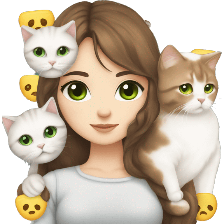 Beautiful girl with brown hair, and brown eyes.  hug Scottish fold cat, white cat with green eyes  emoji