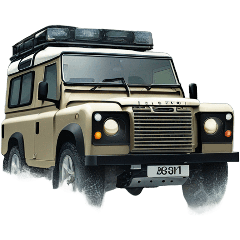 A four-wheel drive Land Rover crossing a shallow river in a rainforest, with trees in the background and splashing water, representing versatility and strength. emoji