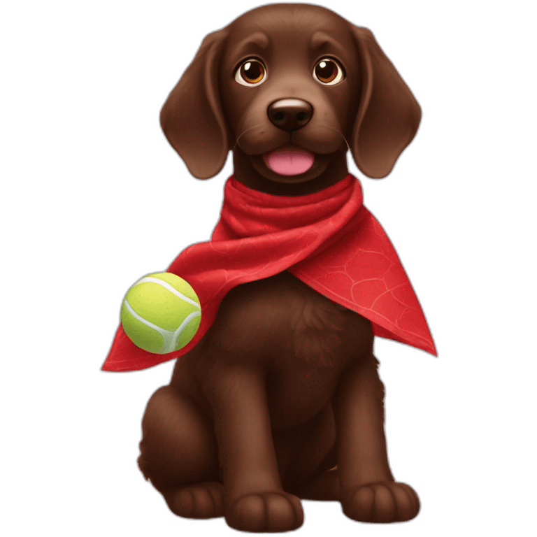 A chocolate colored doodle wearing a red and black handkerchief juggling three tennis balls emoji