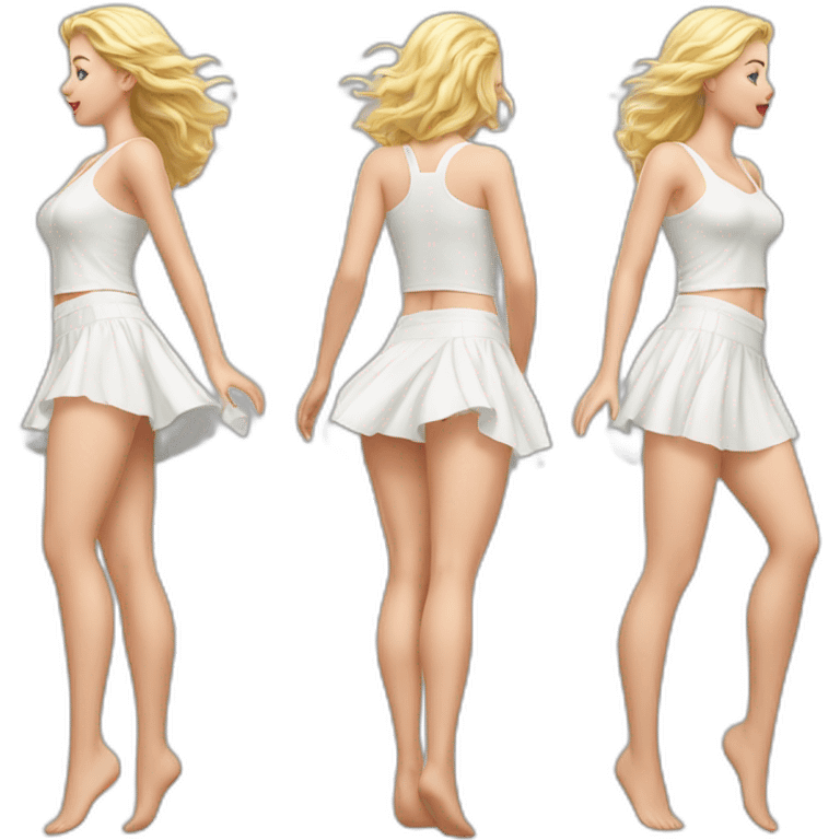 Hyperrealistic Full body Caucasian curvy beauty jumping short white skirt back and front views strong wind knickers emoji