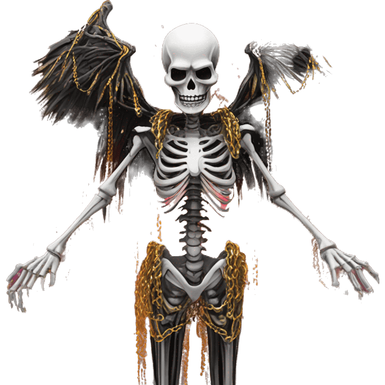 White skeleton zombie person covered in golden chains and black graffiti scribbles and red and silver doodles wings made of neon lightning snowing snowflakes emoji