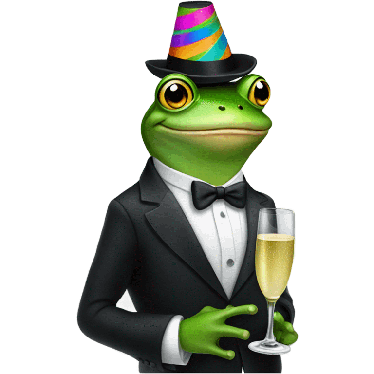 Frog in a tuxedo wearing a birthday hat and drinking champagne  emoji