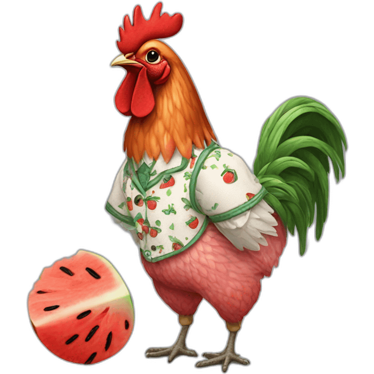 A COCKEREL IN AN EMBROIDERED SHIRT WITH A WATERMELON IN HIS HANDS emoji