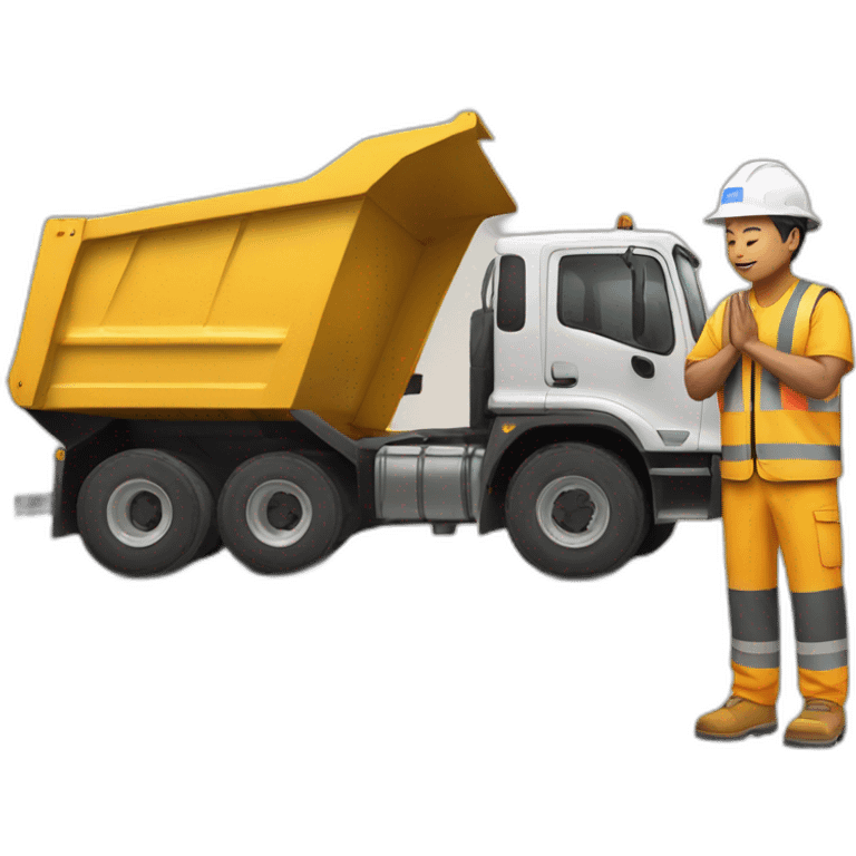 asian construction worker with hands in prayer standing in front of a DUMP TRUCK emoji