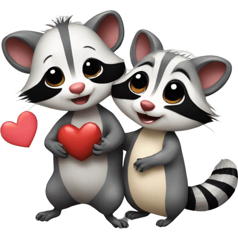 Opossum and raccoon cute couple in love with heart emoji