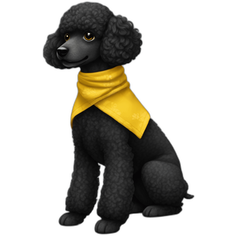 My prompt A single Energetic dark black mini poodle with short hair and mustard yellow bandana emoji