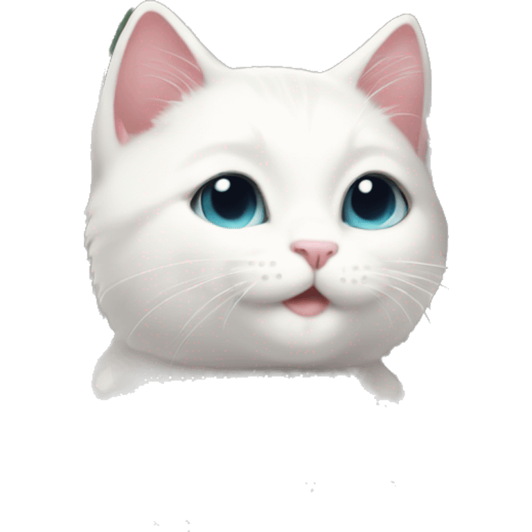 cute white cat holding light pink peonies emoji