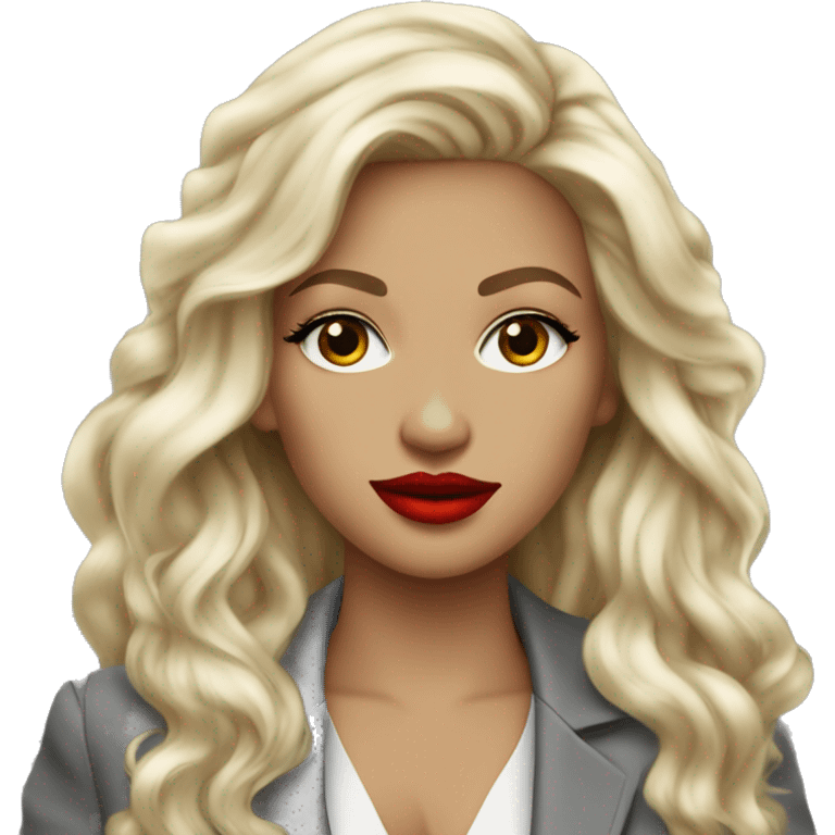 Blonde long hair with red lips Tiffany diamond seller in a grey suit emoji