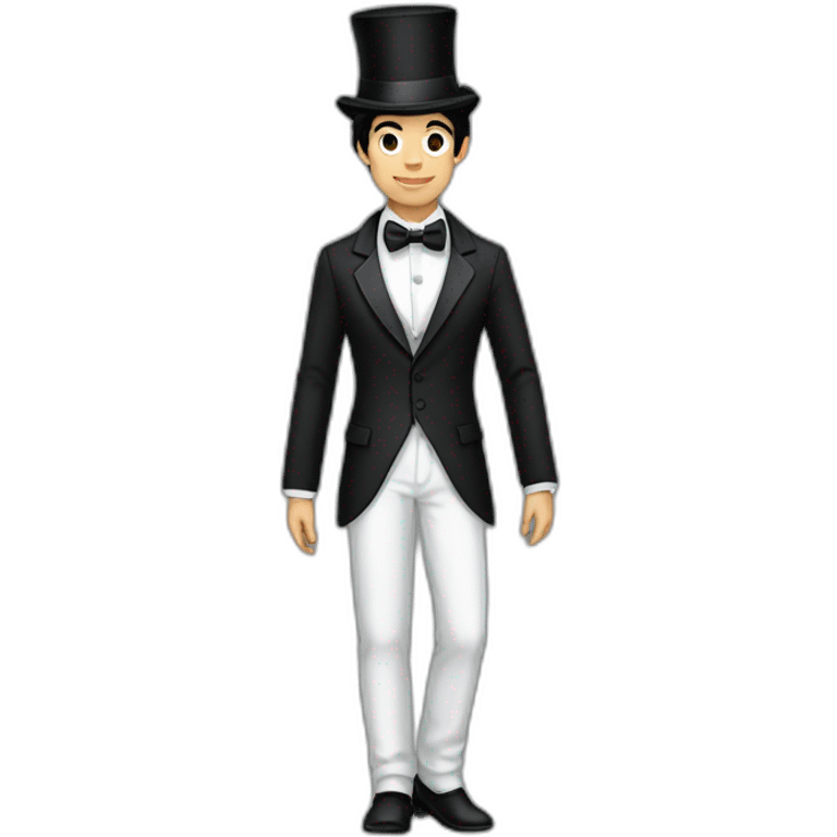 Full body young man, black hair, white bow,, white bow tie, black suit and top hat, emoji