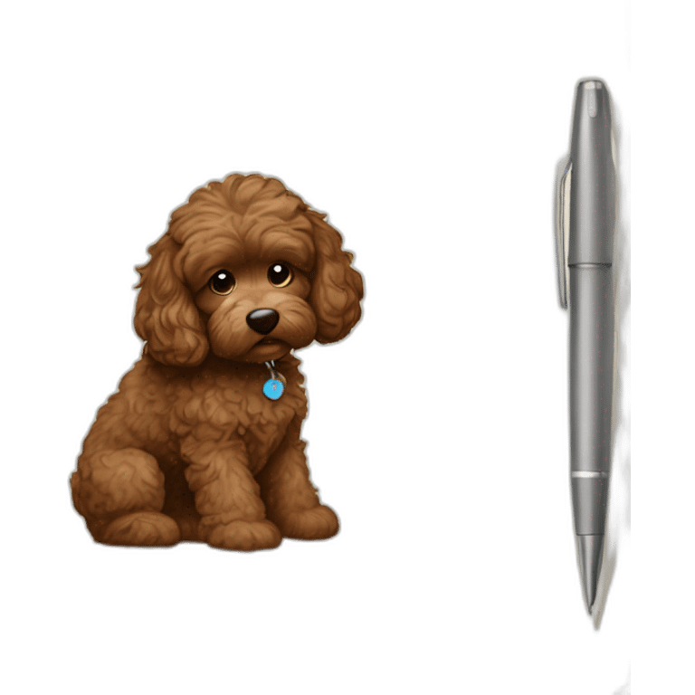 Brown Cockapoo writing with pen in paper notebook emoji