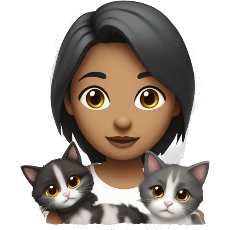 a girl with dark hair is surrounded by 4 kittens, one of them is gray fluffy, another is black with white paws, the third is brown, the fourth is gray with short hair emoji