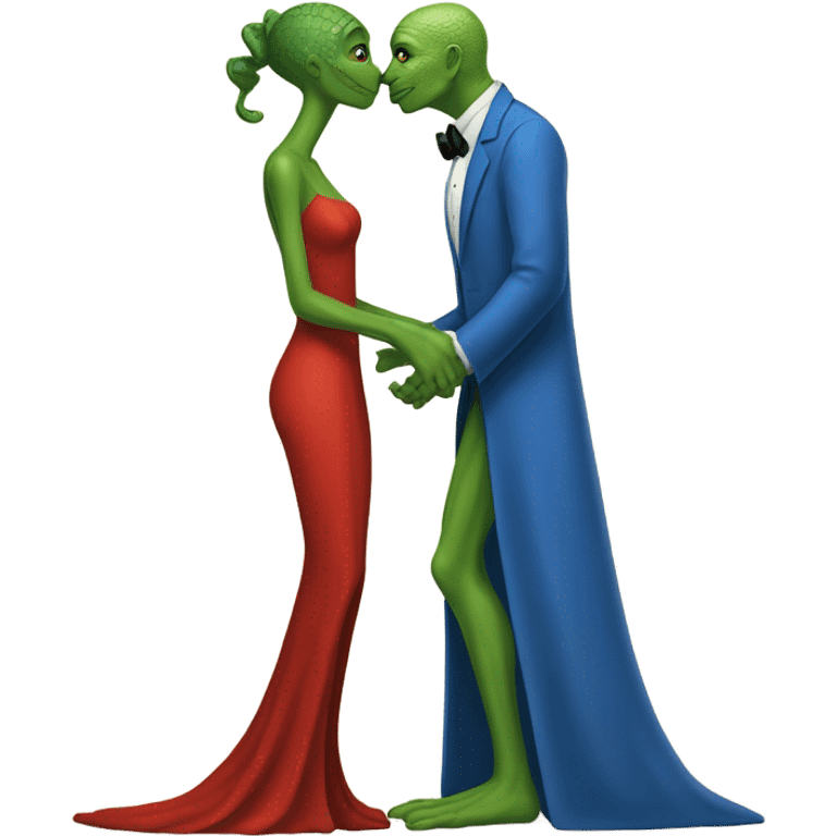 Beatiful tall green skin female reptilian in red dress, kissing white man in blue dress, full figure, full body emoji