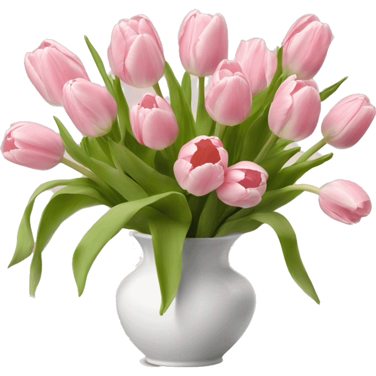 Light pink tulips in white vase in bow  emoji