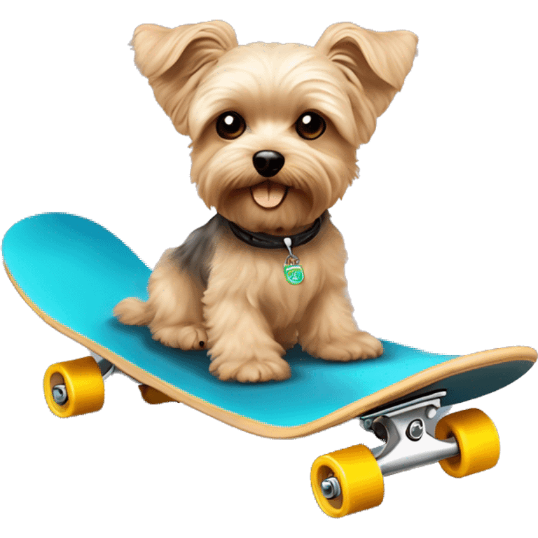 yorkie bichon mix. dog with light tan curly fur, very very long ears down. dark brown eyes, mouth closed. on a skateboard emoji