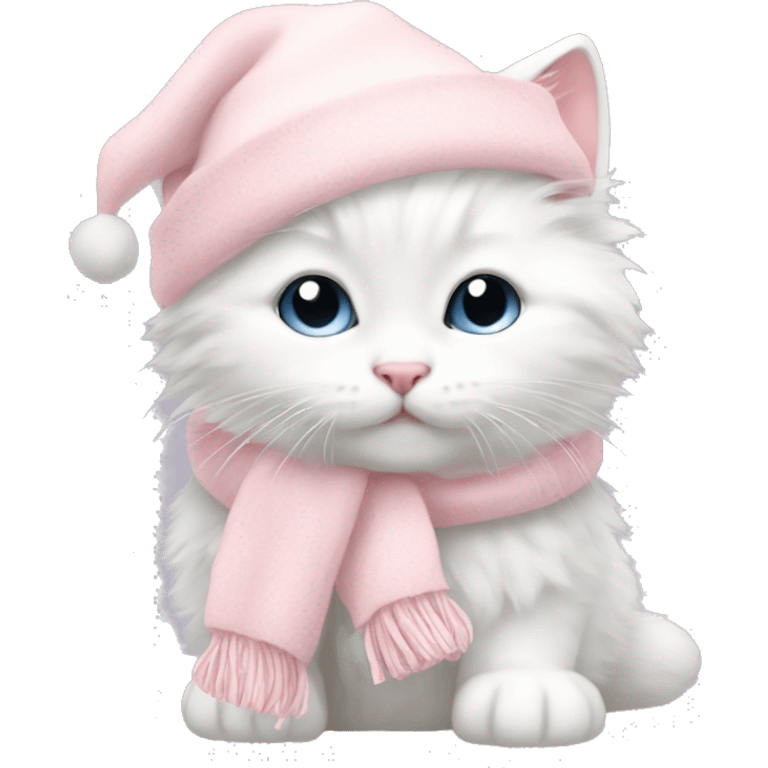 fluffy white winter kitten with pale pink christmas hat and pale pink scarf emoji