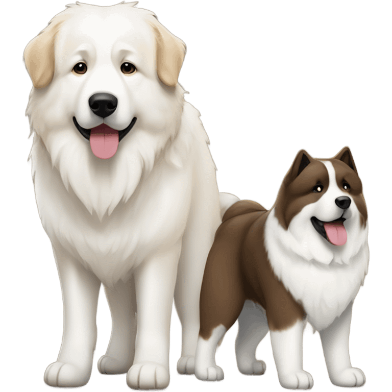 White and brown Great Pyrenees and big dark Akita standing next to each other emoji