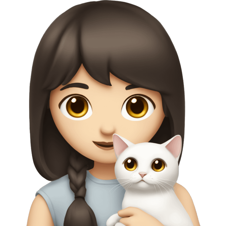 A pale girl with dark brown hair and dark brown eyes and bangs holds a white cat in her hands emoji