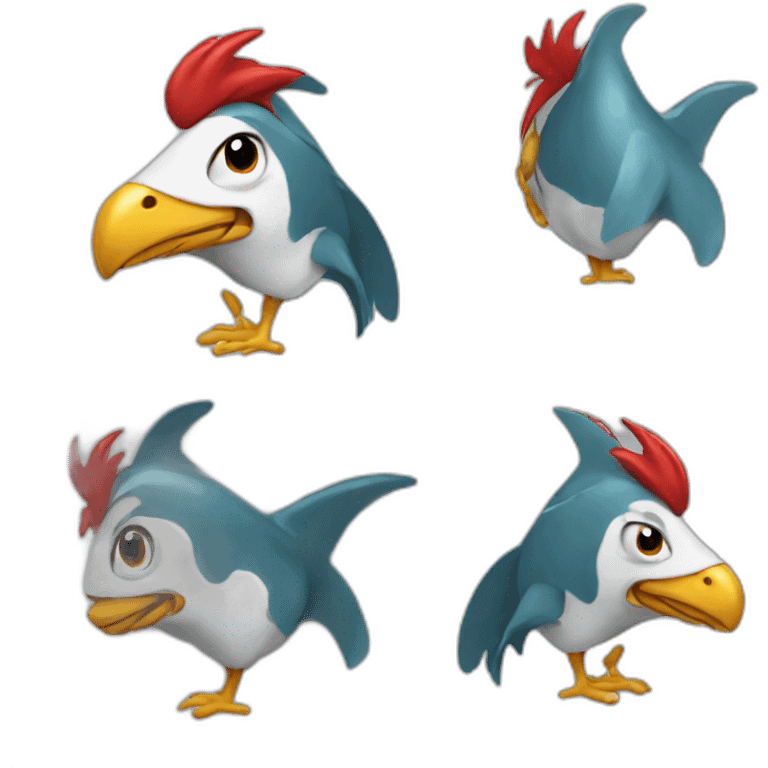 rooster wearing shark onesie emoji