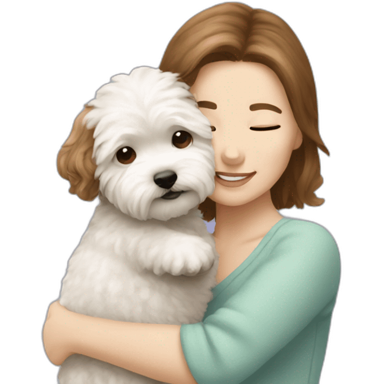 a brown-haired white woman hugging white maltipoo emoji