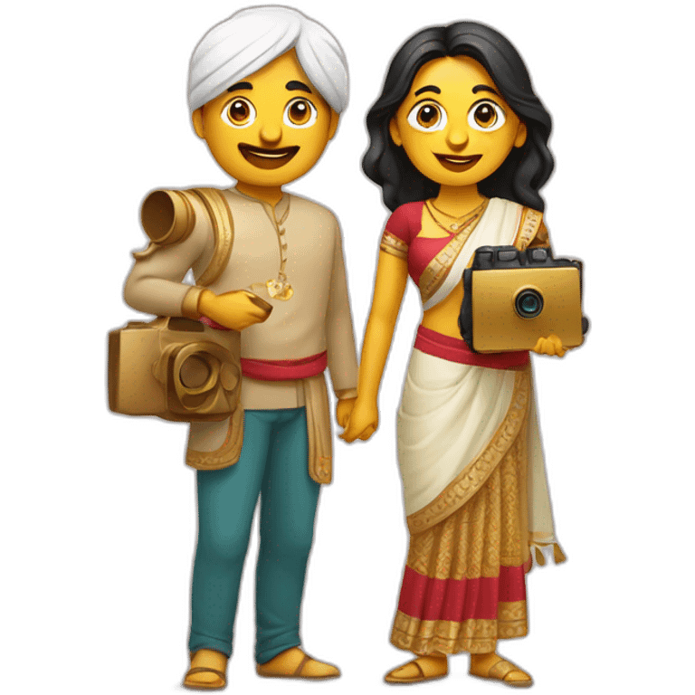 Indian golden modern man and woman with camera in one hand and food in other hand, happy smiling emoji