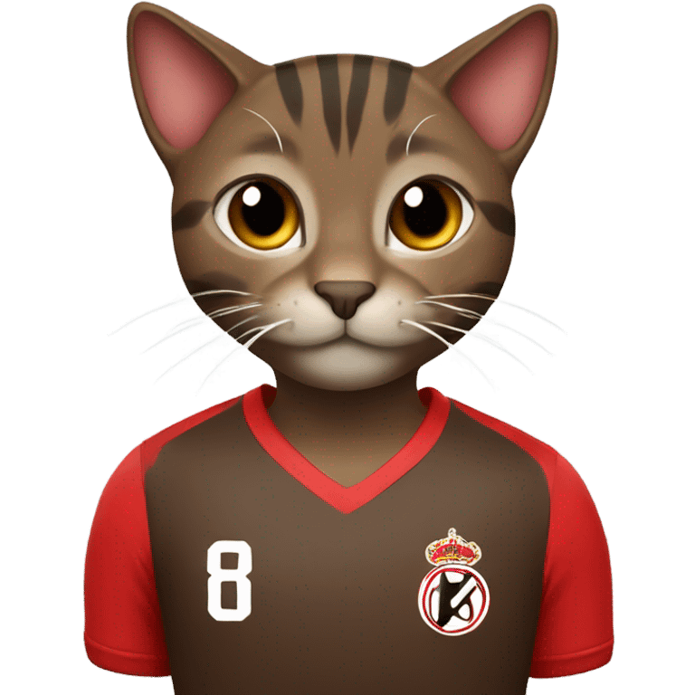 Dark brown tabby cat that is a soccer player with a red jersey emoji